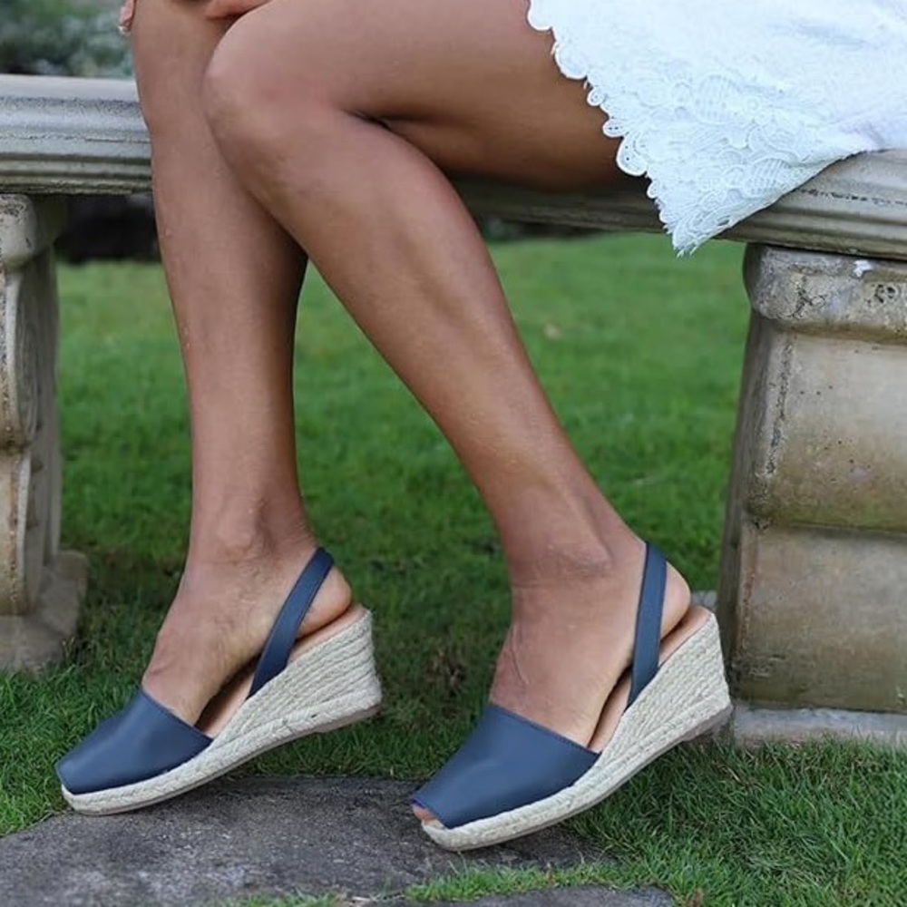 The Spanish Sandal Women's Navy Leather Slingback Wedge Sandals